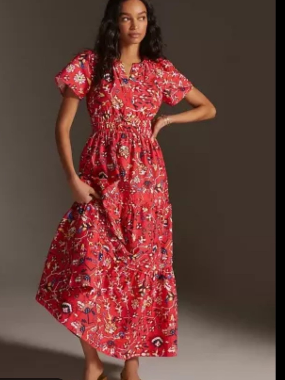Anthopologie Red Floral Maxi Dress with Tiered Skirt Sz 2X- 100% Cotton - Picture 3 of 12